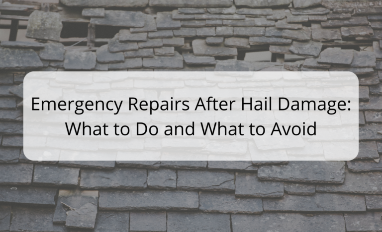Photo of damaged roof shingles with the blog title Emergency Repairs After Hail Damage: What to Do and What to Avoid  overlayed on top