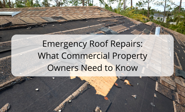 a roof with the words emergency roof repairs what commercial property owners need to know - D. A. Lamont Public Adjusters